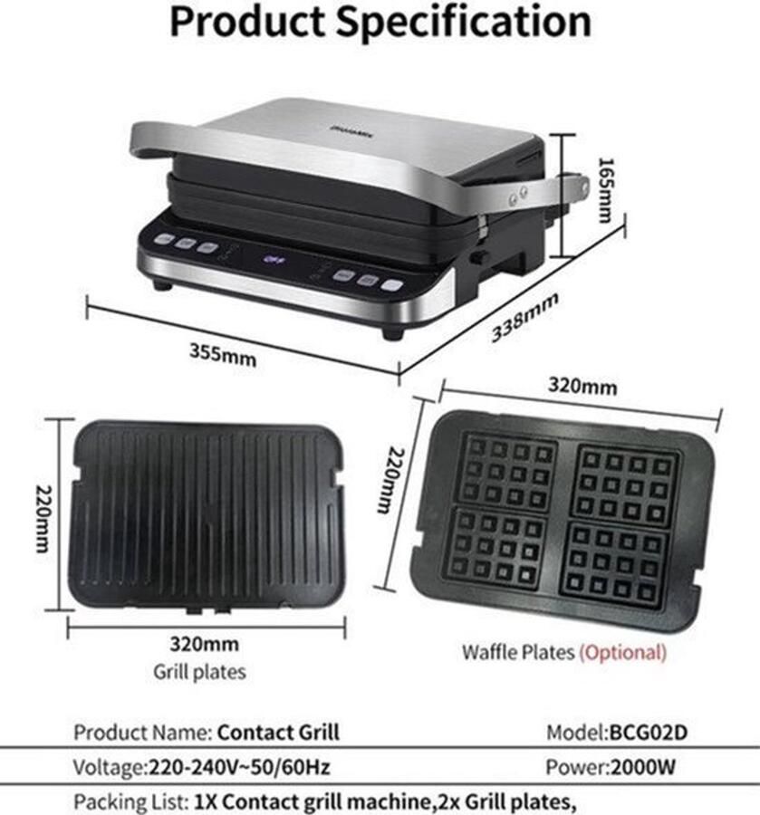 Wafelijzer Wafelmaker Waffle Iron Waffle Machine Regelbare Thermostaat 2000W Digitale Contactgrill & Panini Pers 180° Openklapbaar Zilver