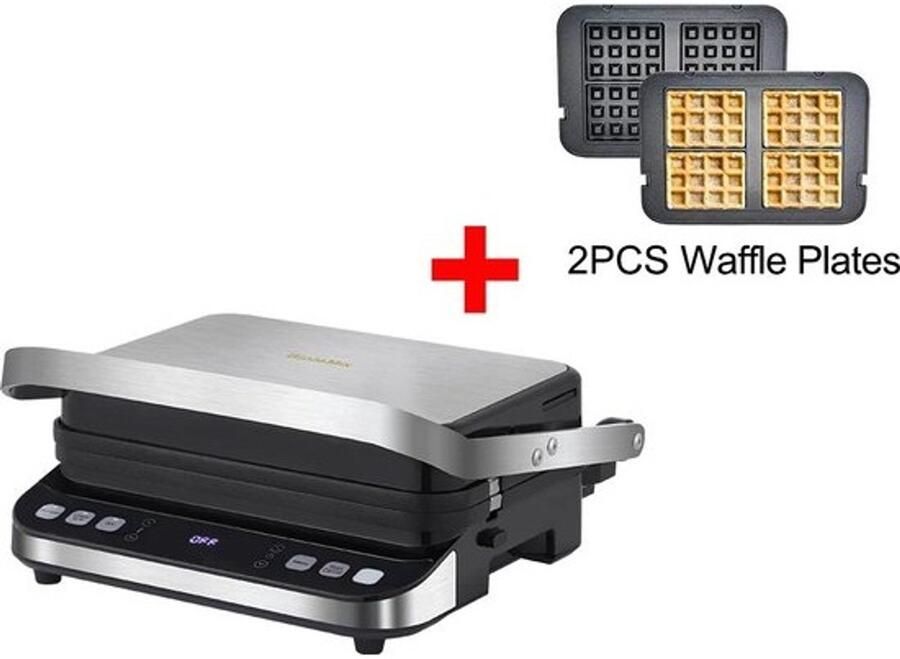 Wafelijzer wafelmaker waffle iron waffle machine regelbare thermostaat 2000W digitale contactgrill paninipers 180° zilver