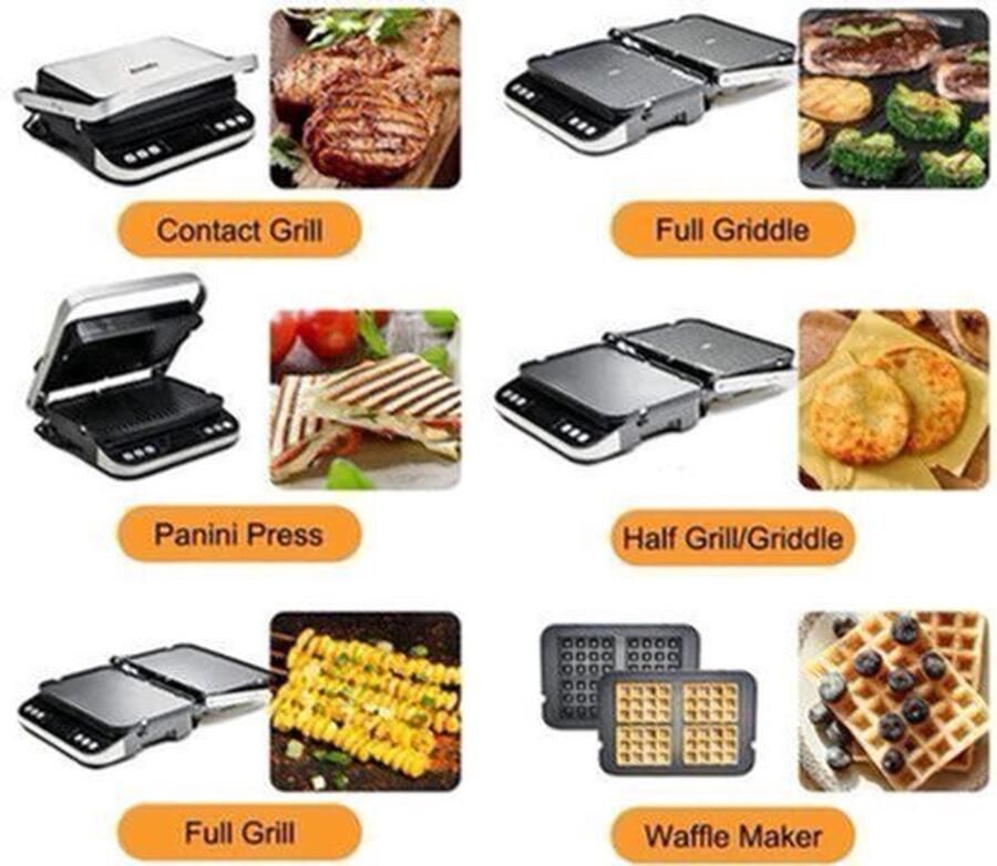 Wafelijzer Wafelmaker Waffle Iron Waffle Machine Regelbare Thermostaat 2000W Digitale Contactgrill Panini Pers 180° Zilver