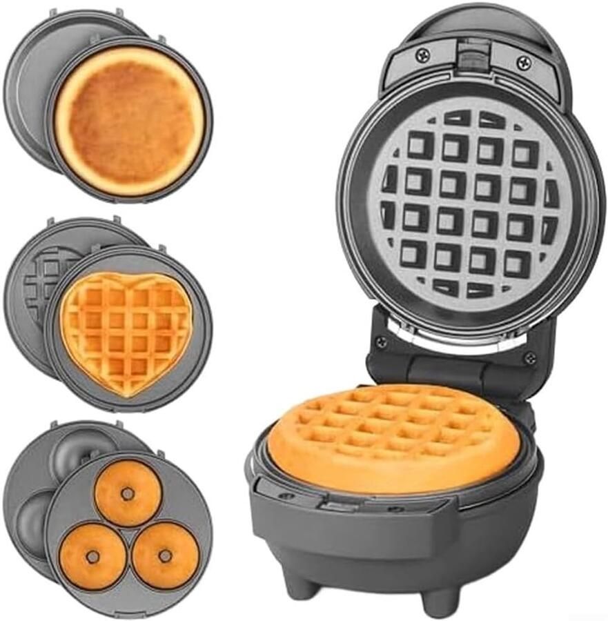 Wafelmaker Mini Snack Maker Ontbijt Maken 4-in-1 Functie Compact Design Zwart