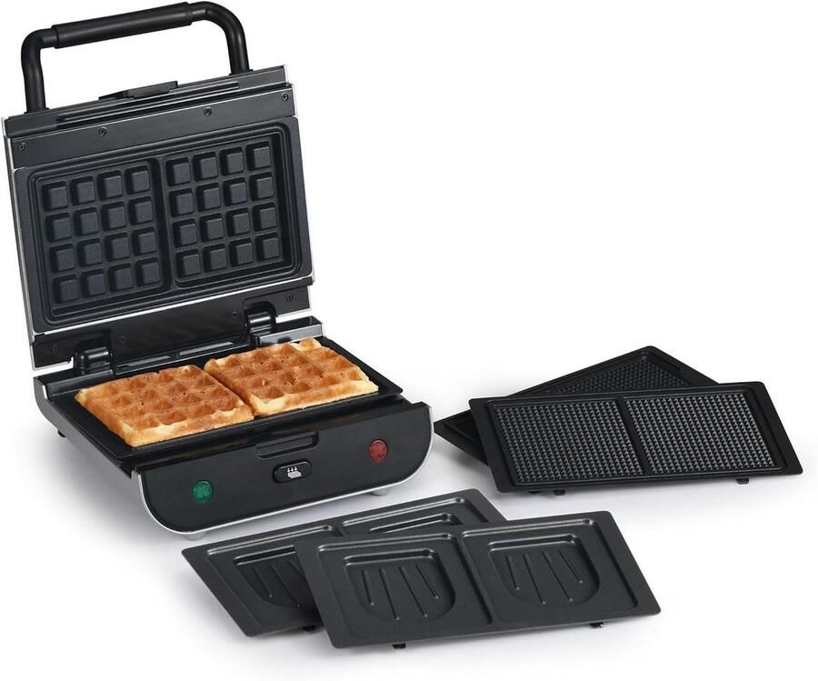 Wafelmaker Sandwichmaker 3-in-1 Apparaat Snelle Maaltijden Verwisselbare Platen 800 Watt Zilver