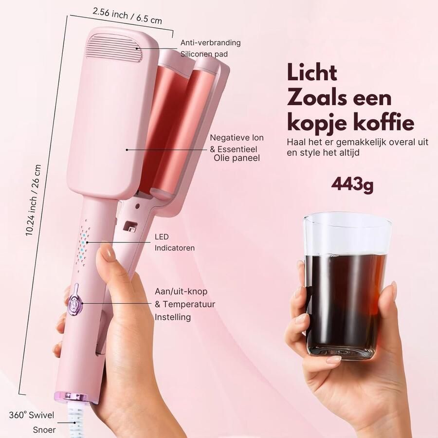 Wafeltang Haar Krultang Bescherming Tegen Verbranding Waver Golvenkrultang Toermalijn Snel Opwarmen Beach Waves Roze