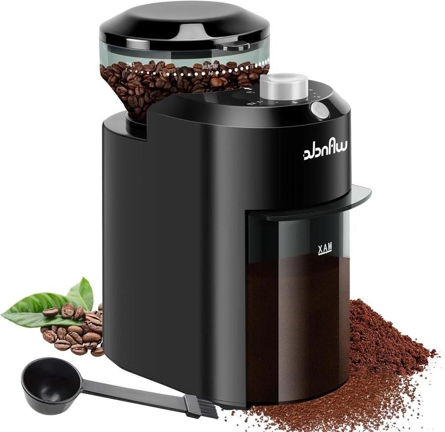 Wancle Elektrische koffiemolen instelbare koffiemolen met molen voor koffiebonen met 28 nauwkeurige maalstanden perfect voor 12 kopjes (zwart + zilver)