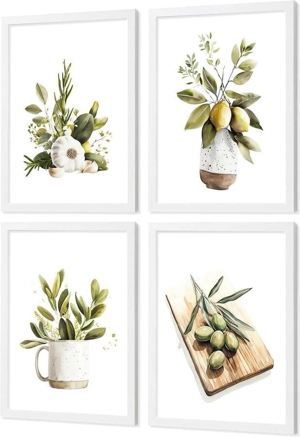 Wanddecoratie Keuken Set Aquarel Prints Muur Decoratie Mediterrane Stijl A3 Formaat Wit Kader