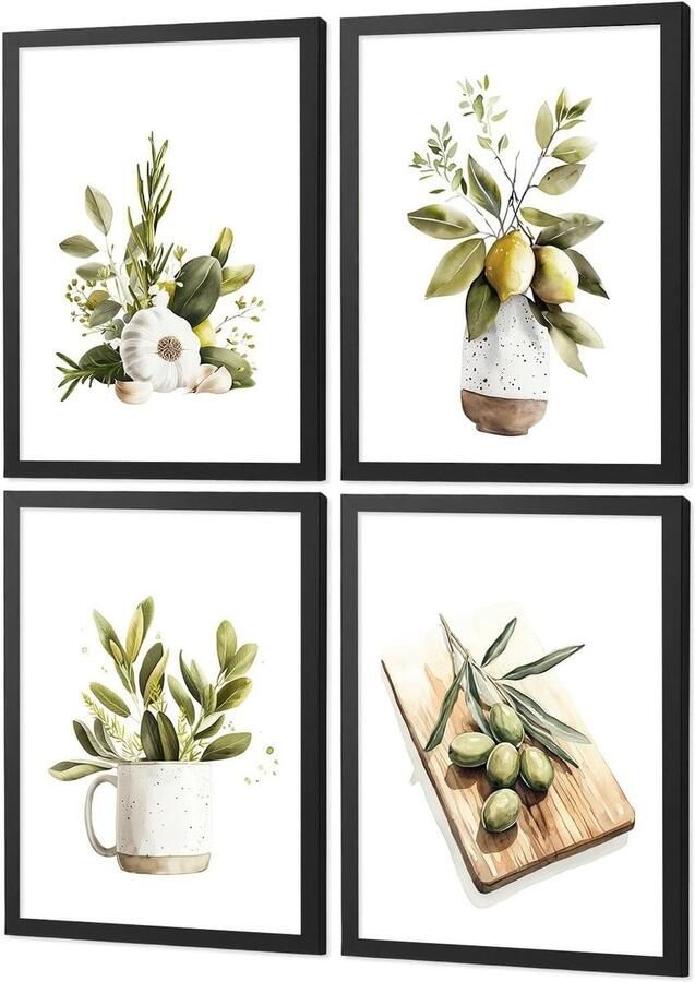Wanddecoratie Set Keukenprints Botanisch Keuken Aankleden Aquarel Mediterrane Stijl A3 Formaat Zwart Kader