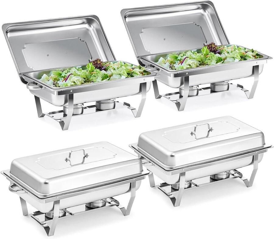 Warmhouders Roestvrij Staal Buffetset Warmhoudbak Feestelijke Catering Vouwbare Poten Stapelbaar 4x 9L Zilver