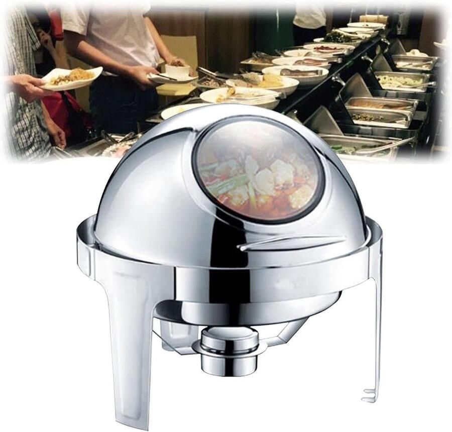 Warmhoudhouder Buffetwarmer voedselwarmer Catering en Feesten 180 graden rol-top deksel 6 liter capaciteit Zilverkleurig met glas