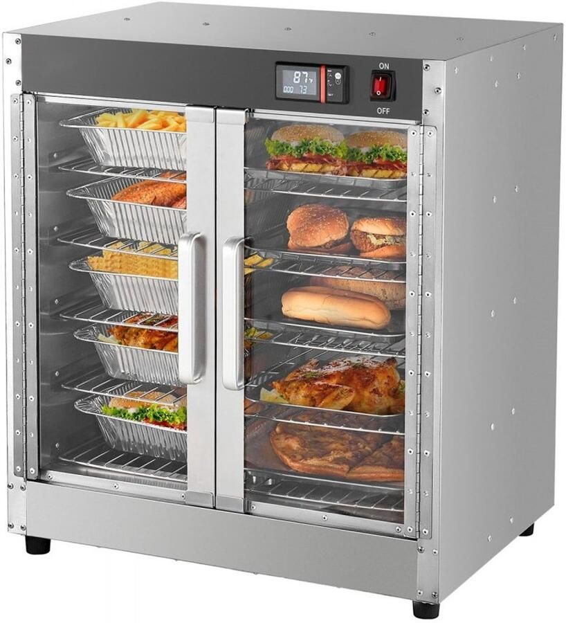 Warmhoudkast Voedselwarmer Horeca Snackverwarmer 5 Lagen Met Waterlade 5 Pannen Inbegrepen Dubbele Glazen Deur Verstelbare Planken RVS