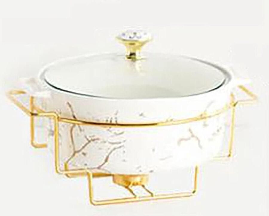 Warmhoudplaat Buffet Chafing Dish Set Feestelijk Dineren Keramisch Marmerlook 2 Liter Inhoud Wit