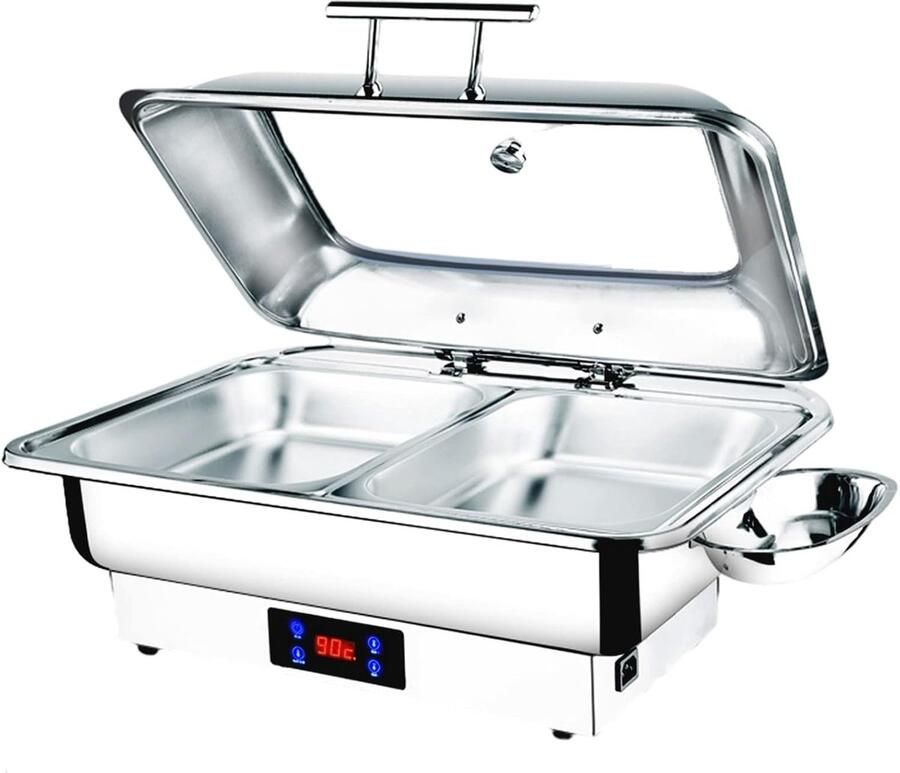 Warmhoudplaat Buffet Elektrische Serveerschaal Grote Bijeenkomsten Digitale Temperatuurweergave 9L Capaciteit Zilverkleurig