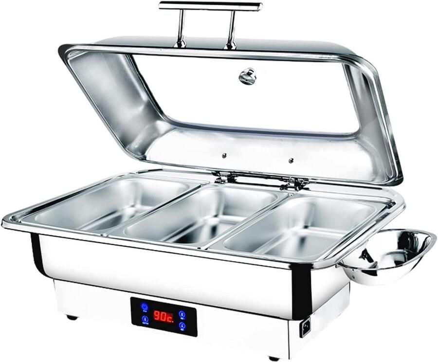 Warmhoudplaat Buffet Serveerschaal Elektrisch Grote Bijeenkomsten Digitale Temperatuur 9L Inhoud Zilverkleurig