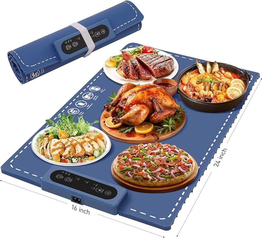 Warmhoudplaat elektrisch Voedselverwarmer -Flexibele elektrische komverwarmer Drie temperatuurstanden Drie tijdstanden Volledig geïsoleerd Geschikt voor thuis Feesten Houdt eten warm Ontdooien 60 x 38 cm- Blauw