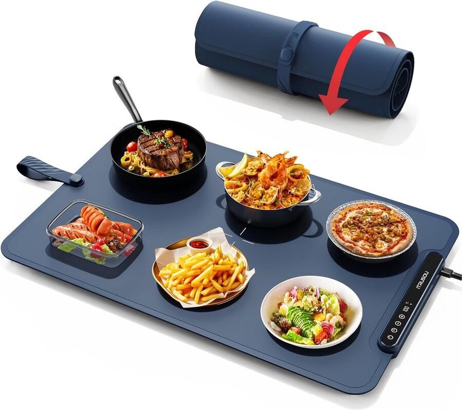 Warmhoudplaat Gerechten Verwarmende Tray Maaltijden Warm Houden Instelbare Temperatuur 61 x 40 cm Navy Blauw