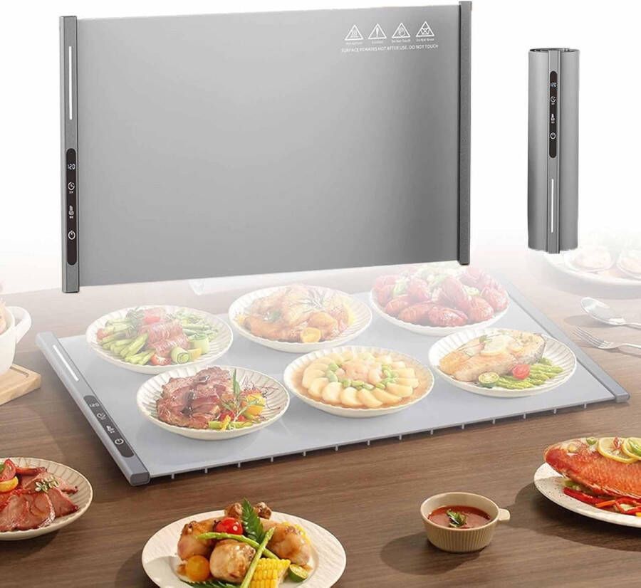 Warmhoudplaat- Voedselverwarmer Voedselverwarmingskussen -Voedselverwarmer 250W elektrische oprolbare verwarmingsplaat met 8 temperatuurinstellingen en 6 uur timer voor thuiskeukenbuffetservice waterdicht siliconen materiaal grijs