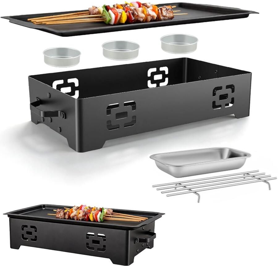 Warmhoudplaat voor BBQ voedselwarmhoudplaat voedselwarmer met 2 alcoholschalen en 1 houtskoolschaal anti-aanbakplaat grillaccessoires voor buiten en tuin 37 5 x 20 5 x 8 3 cm zwart