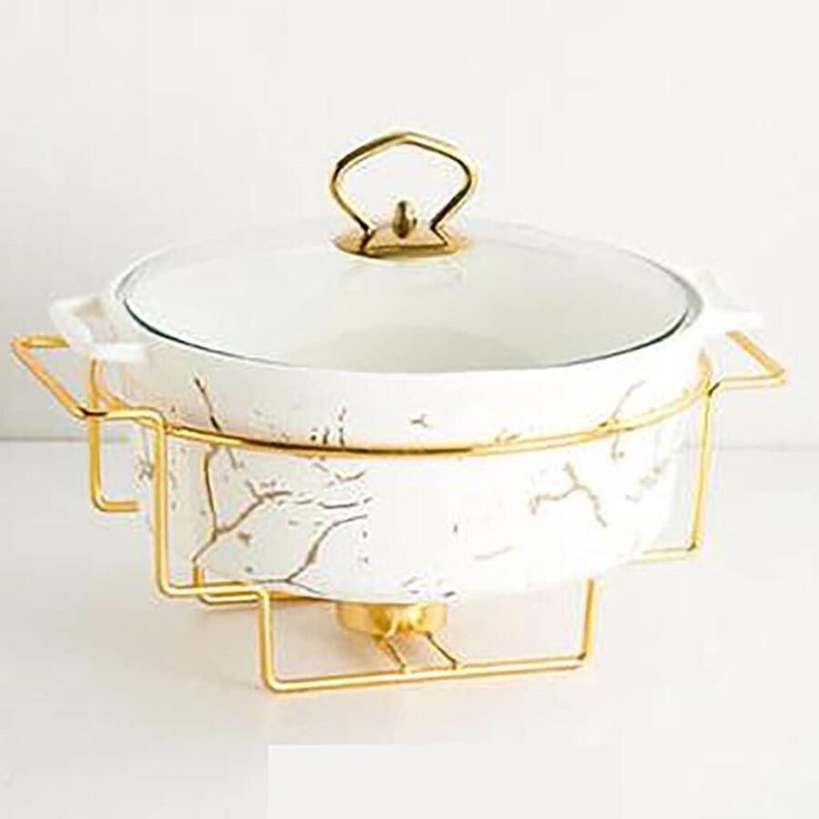 Warmhoudplaat Voor Feesten En Buffetten Ronde Warmhoudplaat Chaf Dish Buffetset Keramische Chafing Dish Met Marmerlook En Glazen Deksel Chafing Dish En Buffetwarmerse White-B
