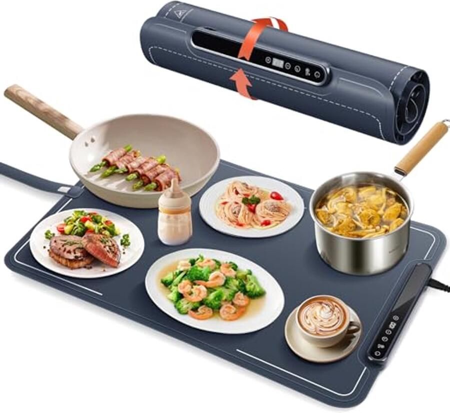 Warmhoudplaat voor gerechten Elektrische Voedselverwarmer met 7-Traps Temperatuurregeling en LCD-Display Draagbaar en Opvouwbaar