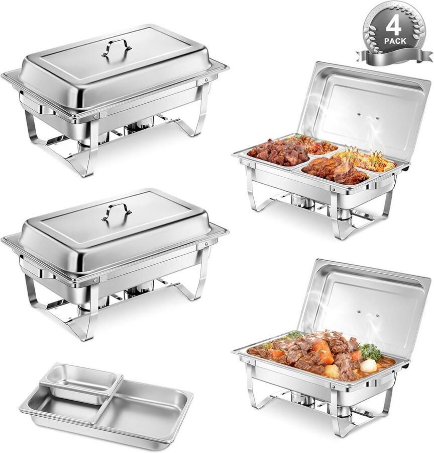 Warmhoudset Buffet Voedselwarmers Rechauds Eten Warm Houden Grote Capaciteit 9L Set van 4 stuks Zilverkleurig