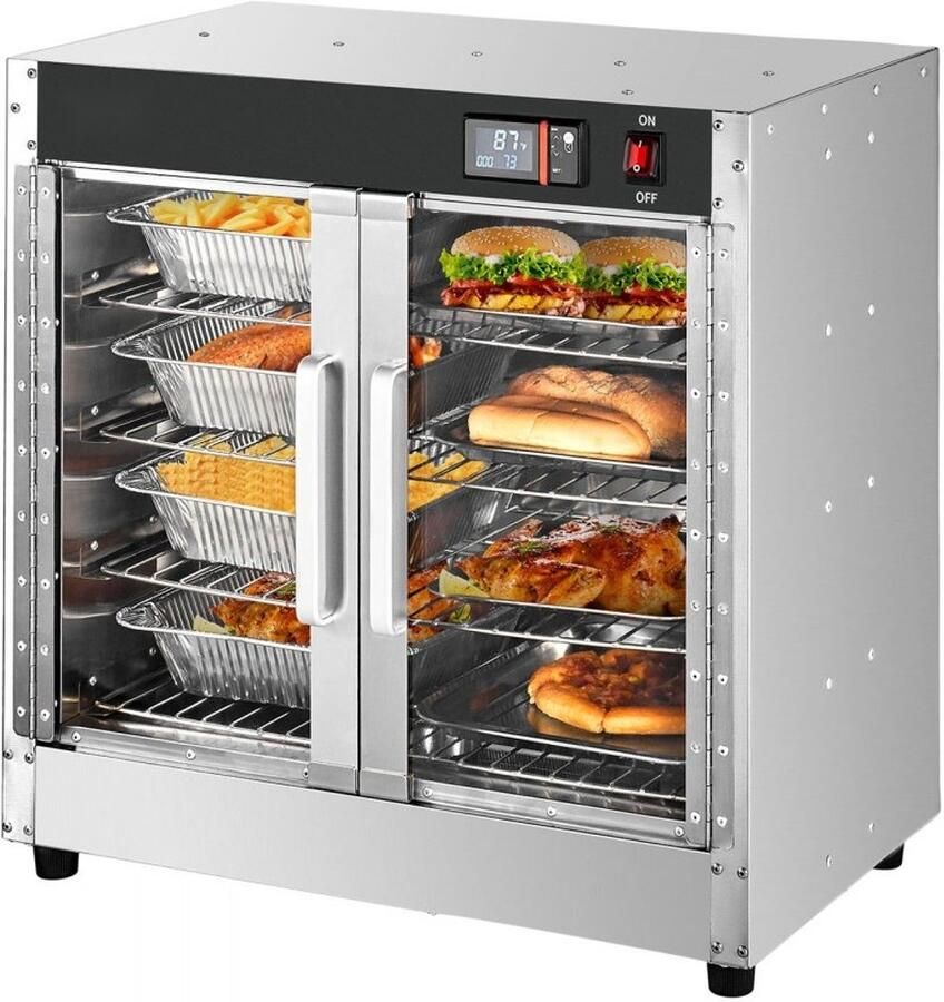 Warmhoudvitrine 4-laags Voedselwarmer Met Waterlade 4 Bakken Dubbele Glazen Deuren Verstelbare Planken RVS Voor Pizza en Snacks