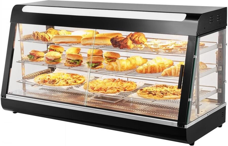 Warmhoudvitrine Horeca 3-laags Voedselverwarmer 1500 W 180 L Capaciteit Stoomverwarming 30–85°C Verstelbare Planken Temperatuurweergave Binnenverlichting