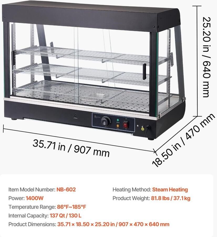 Warmhoudvitrine Verwarmde vitrinekast 130 L 1400 W Temperatuur 30–85 °C 3-laags Verstelbare schappen LED-verlichting