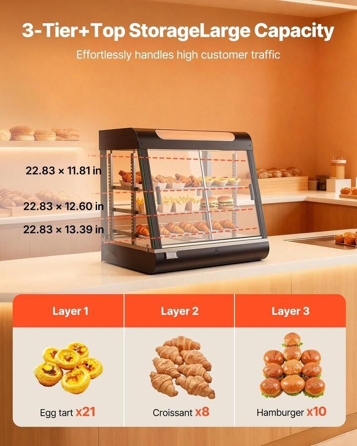 Warmhoudvitrine Verwarmde Vitrinekast 3-laags 100 Liter 1200 W Temperatuur 30–85 °C LED-Verlichting Verstelbare Schappen