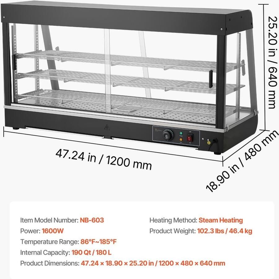 Warmhoudvitrine Verwarmde Vitrinekast Inhoud 180 Liter Vermogen 1600 W Temperatuur 30–85 °C 3-laags LED-verlichting Verstelbare Schappen