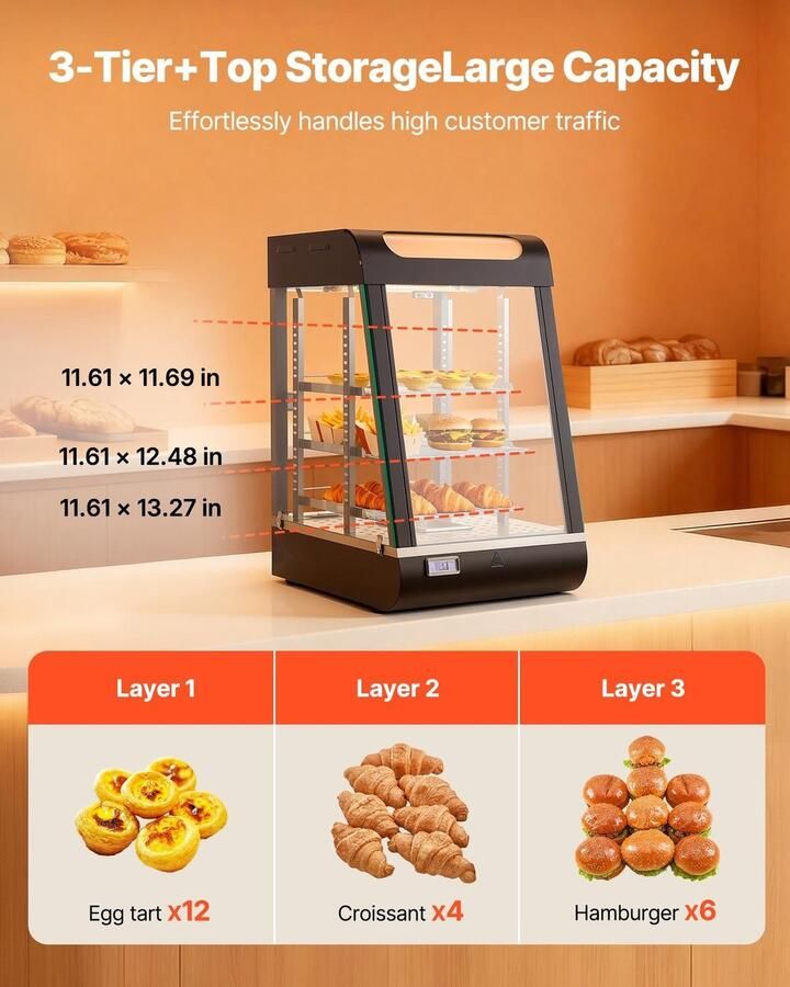 Warmhoudvitrine Voedselwarmer 3-laags 57 l 800 W 30-85 °C Verstelbare legborden LED-verlichting