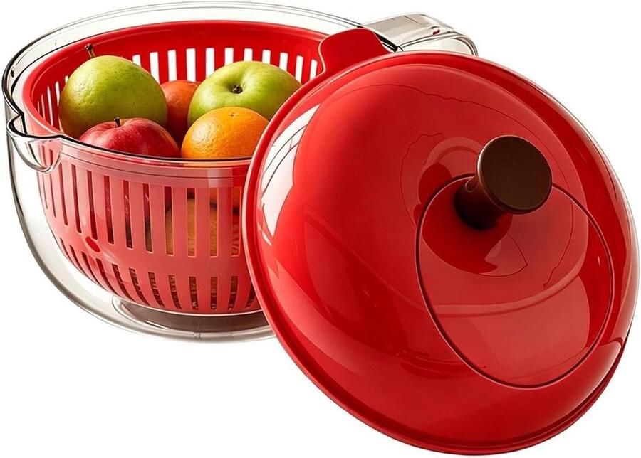Wasbak met centrifuge Keuken accessoire Salade bereiden Antislip basis 23 x 23 x 18 cm Rood