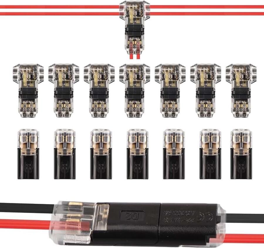 Waterdichte connector 2-polig T-connector stekker snelle kabelsteekverbindingen 12 V voor 18-22 AWG kabelkrimp kabelconnectoren (T2 15 stuks D2 15 stuks)