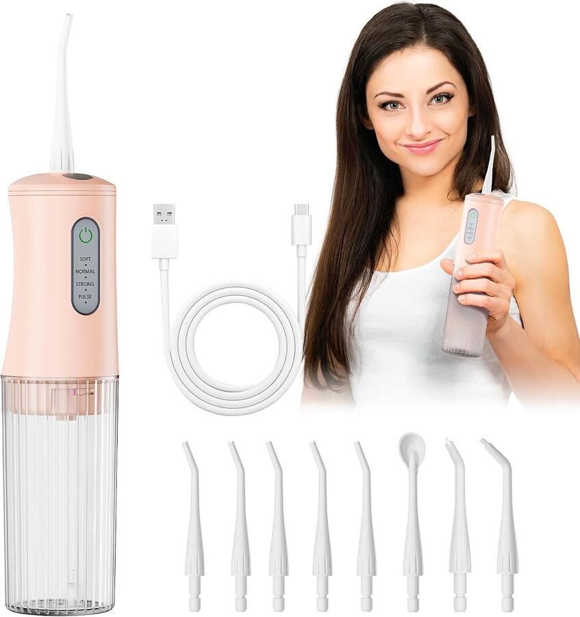 Waterflosser voor tandenpoetser Elektrische tandheelkundige irrigator met 4 reinigingsmodi en 8 straaltips IPX7 waterdicht draagbaar oplaadbaar ontwerp voor thuis en op reis roze