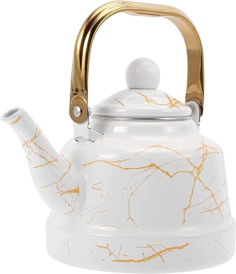 Waterketel Emaille Theeketel Fluitketel Water Koken Marmerlook Design 1.7L Wit