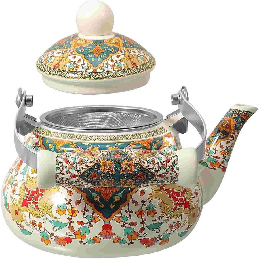 Waterketel Emaille Theepot Koffiefilter Water Koken Vintage Bloemen Design 1.5 Liter Oranje