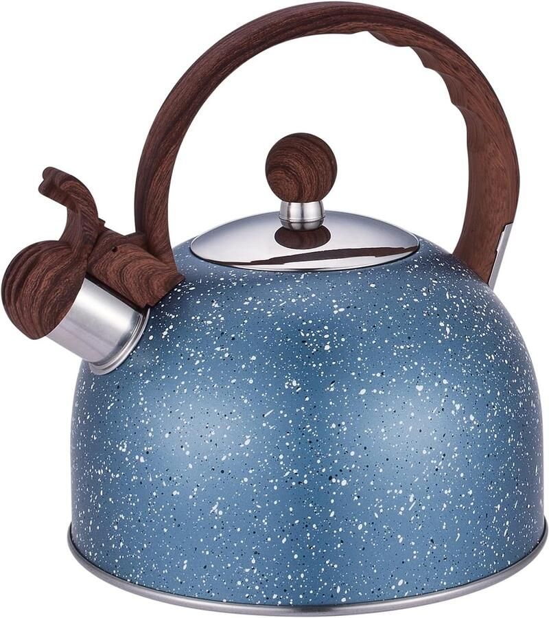Waterketel inductie roestvrijstalen theeketel met houtnerfgreep Max 2 l moderne waterkoker voor alle warmtebronnen fluitketel met fluittoon voor thee koffie sterren blauw