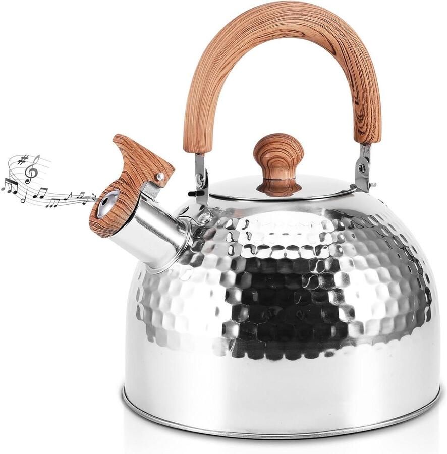 Waterketel Roestvrij Staal Fluitketel Theepot Water Koken Gehamerd Design Houtgreep 2 Liter Zilver