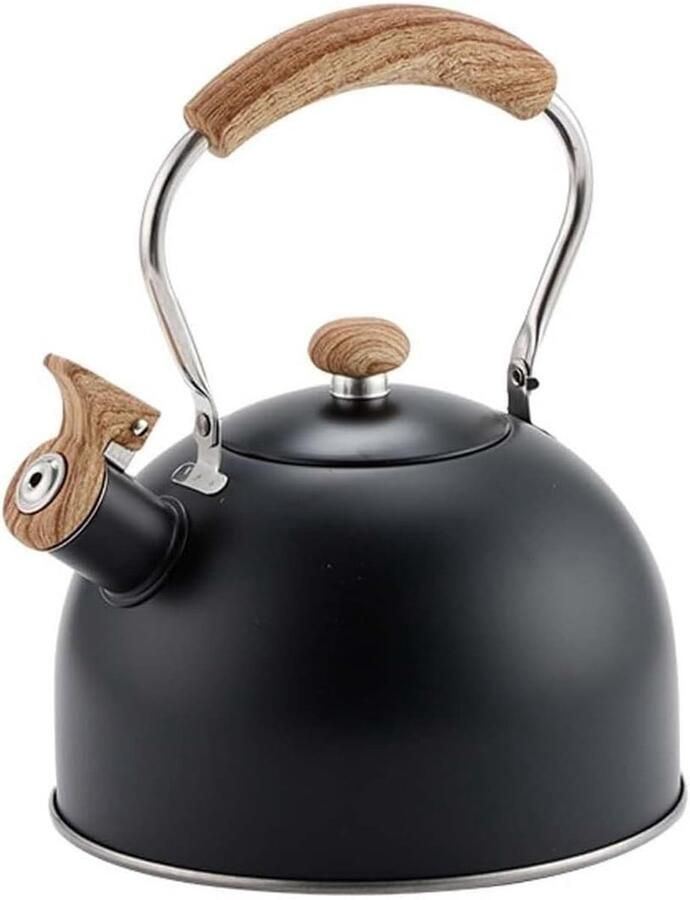 Waterketel Roestvrijstaal Theeketel Fluitketel Snel Water Koken Geschikt Voor Alle Kookplaten 2.5 Liter Inhoud Houtnerf Handvat