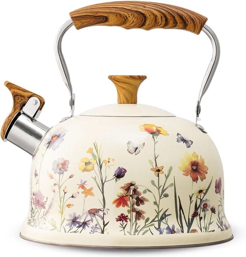 Waterketel van roestvrij staal (3L) fluitketel met inklapbare handgreep waterkoker voor inductie en gasfornuis theeketel voor thee en koffie alle kookplaten (wit en paars)
