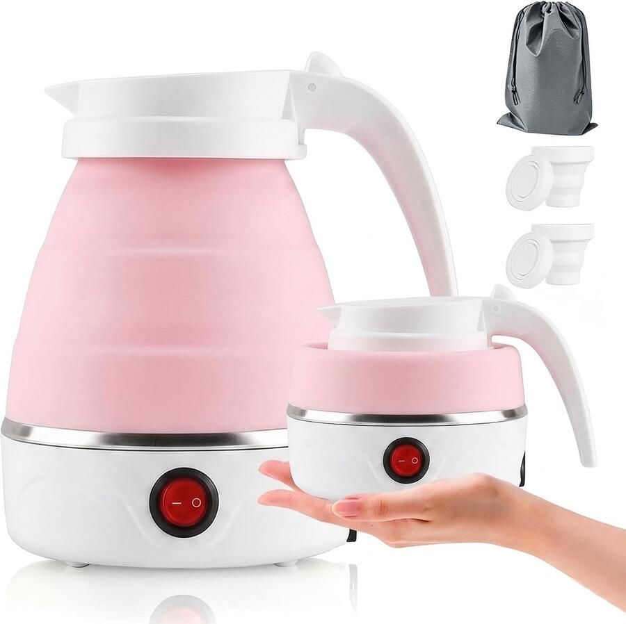Waterkoker 0 6 l 750 W reiswaterkoker met roestvrijstalen bodem siliconen camping theekoker met automatische uitschakeling draagbaar voor outdoor wandelen meerkleurig (roze)