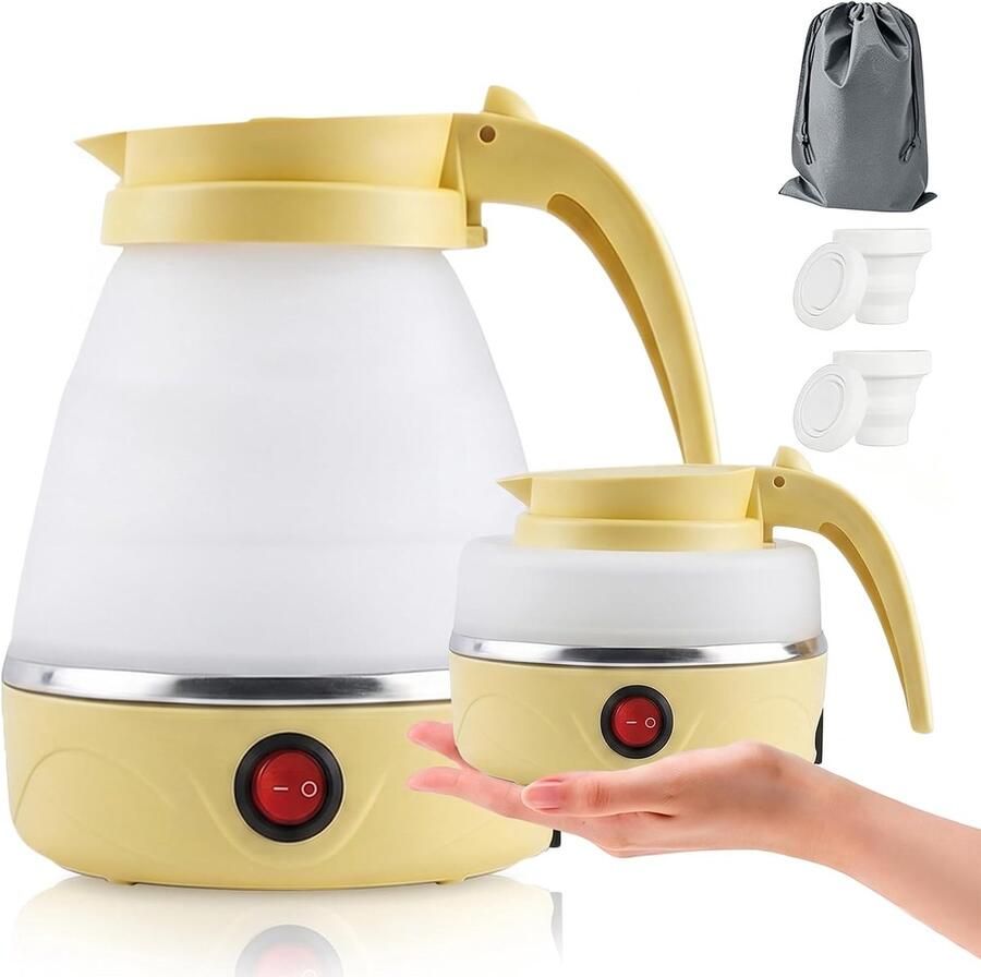 Waterkoker 0 6 l 750 W reiswaterkoker met roestvrijstalen bodem siliconen camping theekoker met automatische uitschakeling draagbaar voor outdoor wandelen meerkleurig (geel)