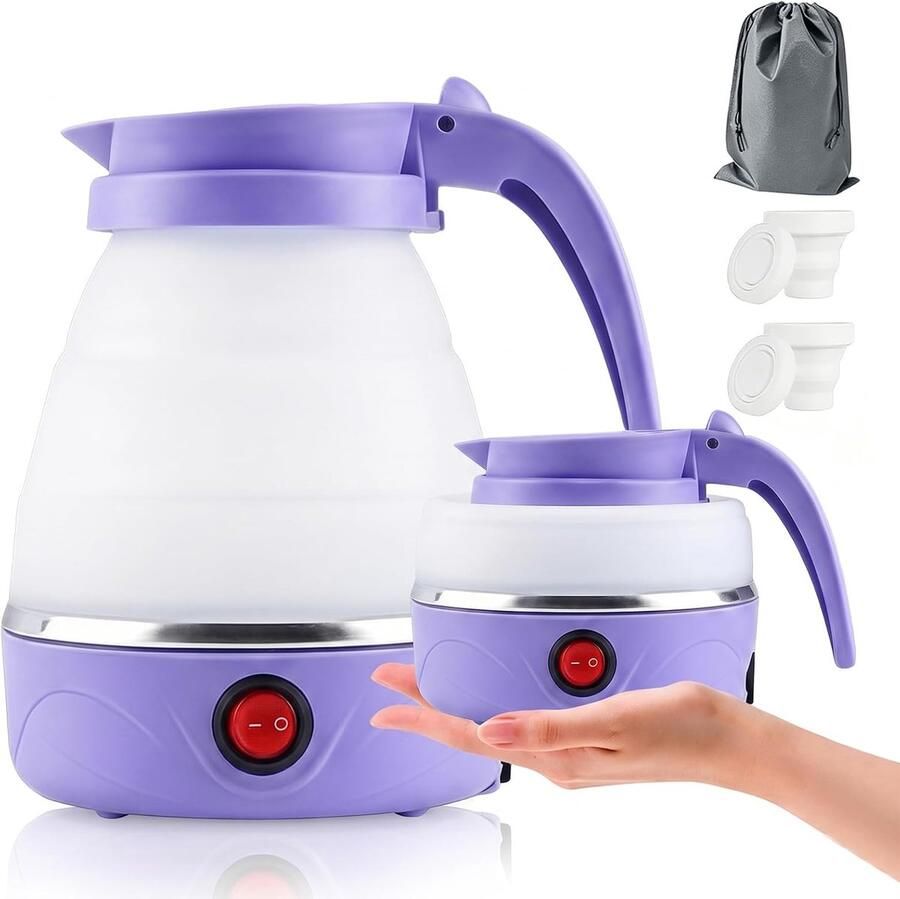Waterkoker 0 6L 750W reiswaterkoker met roestvrijstalen bodem siliconen camping theeketel met automatische uitschakeling draagbaar voor outdoor wandelen meerkleurig (paars)