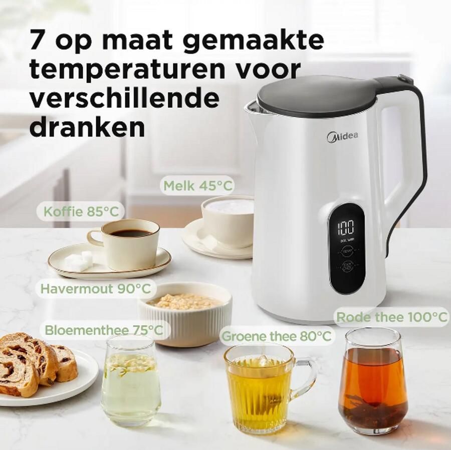 Midea 1 5 L RVS Waterkoker met Temperatuurinstelling 45–100°C 2200 W Dubbelwandige Theekoker Digitale Temperatuurweergave BPA-vrij en Veiligheidsfuncties