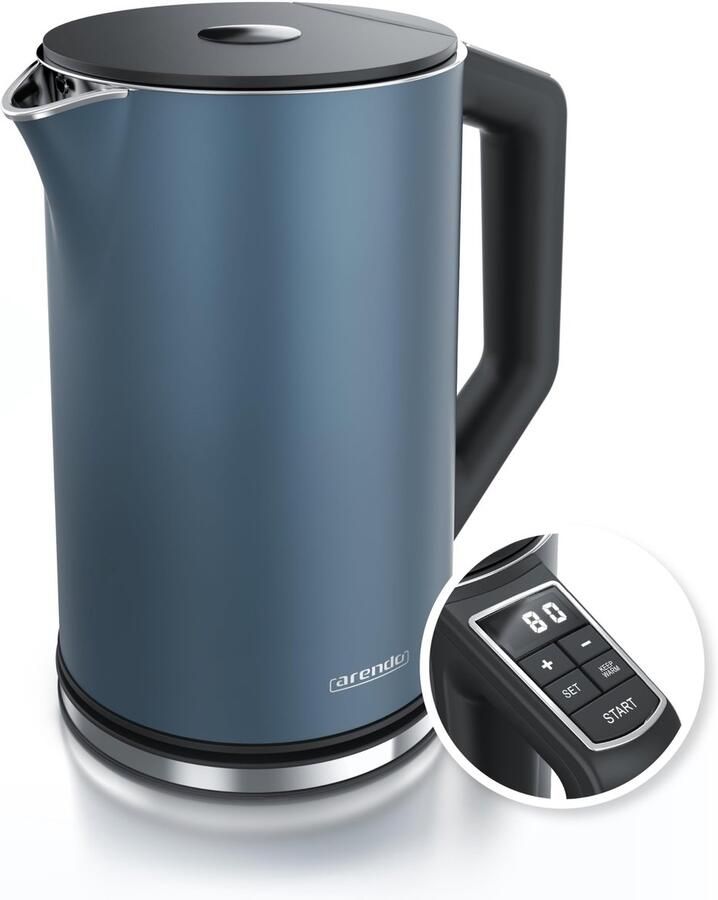 Waterkoker 1 5L – 2200W – Temperatuurregeling 40-100°C – Dubbelwandig RVS – Warmhoudfunctie – Mat Blauw