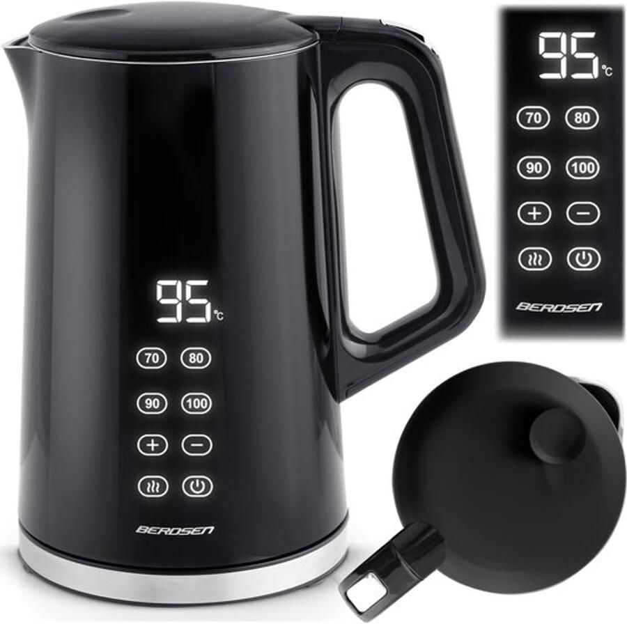 Waterkoker 1 7 liter met temperatuurinstelling digitale led-temperatuurweergave droogloopbeveiliging 360°-basis zwart