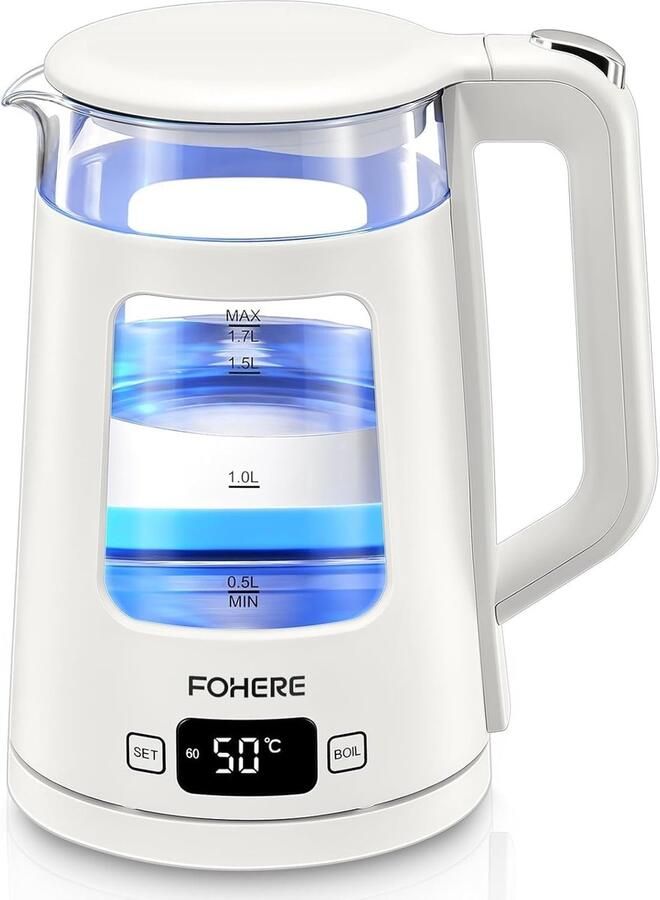 Waterkoker 1 7 Liter – Temperatuurregeling – Glazen Waterkoker met Warmhoudfunctie – 2200W – BPA-vrij – Wit