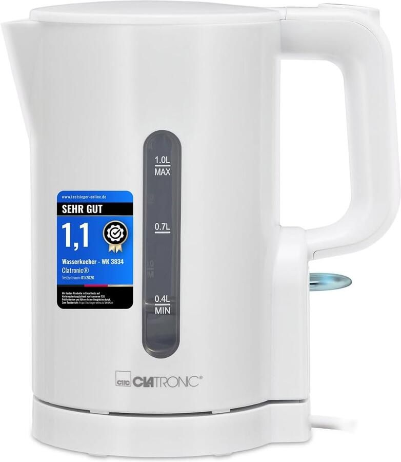 Waterkoker 1 Liter Snel Water Koken Snelle Drankjes BPA-vrij Materiaal 10x10x21 cm Wit