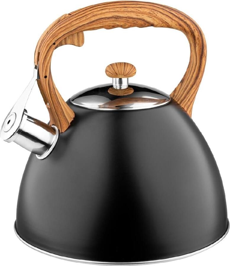 Waterkoker (2 5 l) I Roestvrijstalen Theeketel FRANK I Fluitketel met Houten Handvat I Automatisch Fluitje I Waterkoker voor Inductiekookplaat Gasfornuis en Elektrisch Fornuis I Zwart