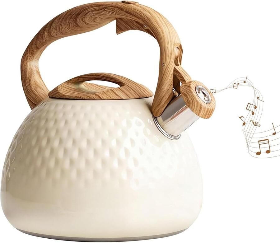 Waterkoker 3L Fluitende Waterkoker voor Gaskookplaat met Hout Patroon Handvat Luide Fluit Voedselkwaliteit Roestvrij Staal Anti-Heet Handvat en Anti-Roest Geschikt voor Alle Warmtebronnen