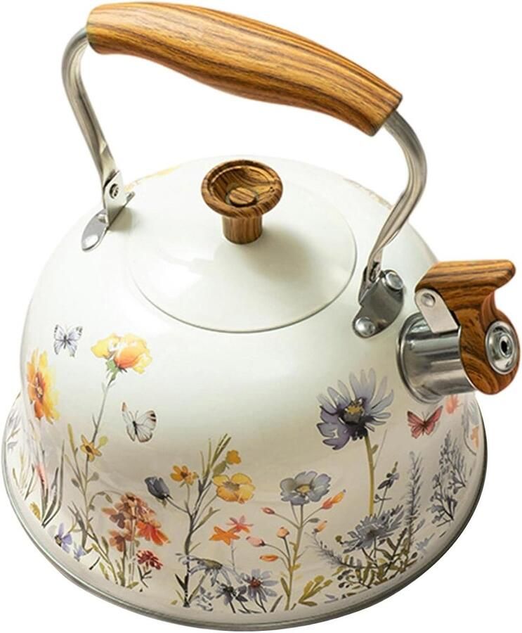 Waterkoker 3L Fluitketel RVS Koken en Thee Bloemen Design 3 Liter Beige