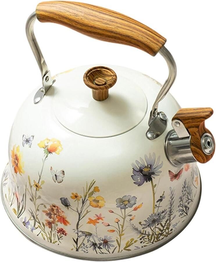 Waterkoker 3L Fluitketel RVS Thuis en Camping Bloemen Design 3 Liter Beige