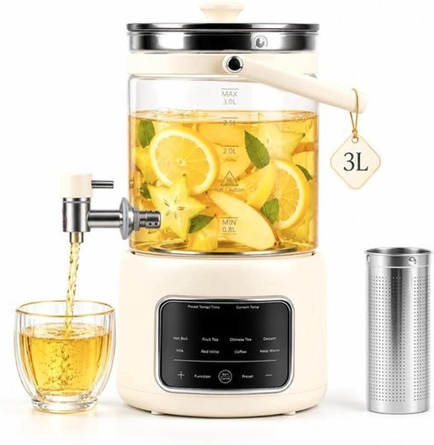 Waterkoker Elektrisch 3 Liter Capaciteit 1000 Watt Vermogen Glas Wit Met 8 Vooraf Ingestelde Programma's